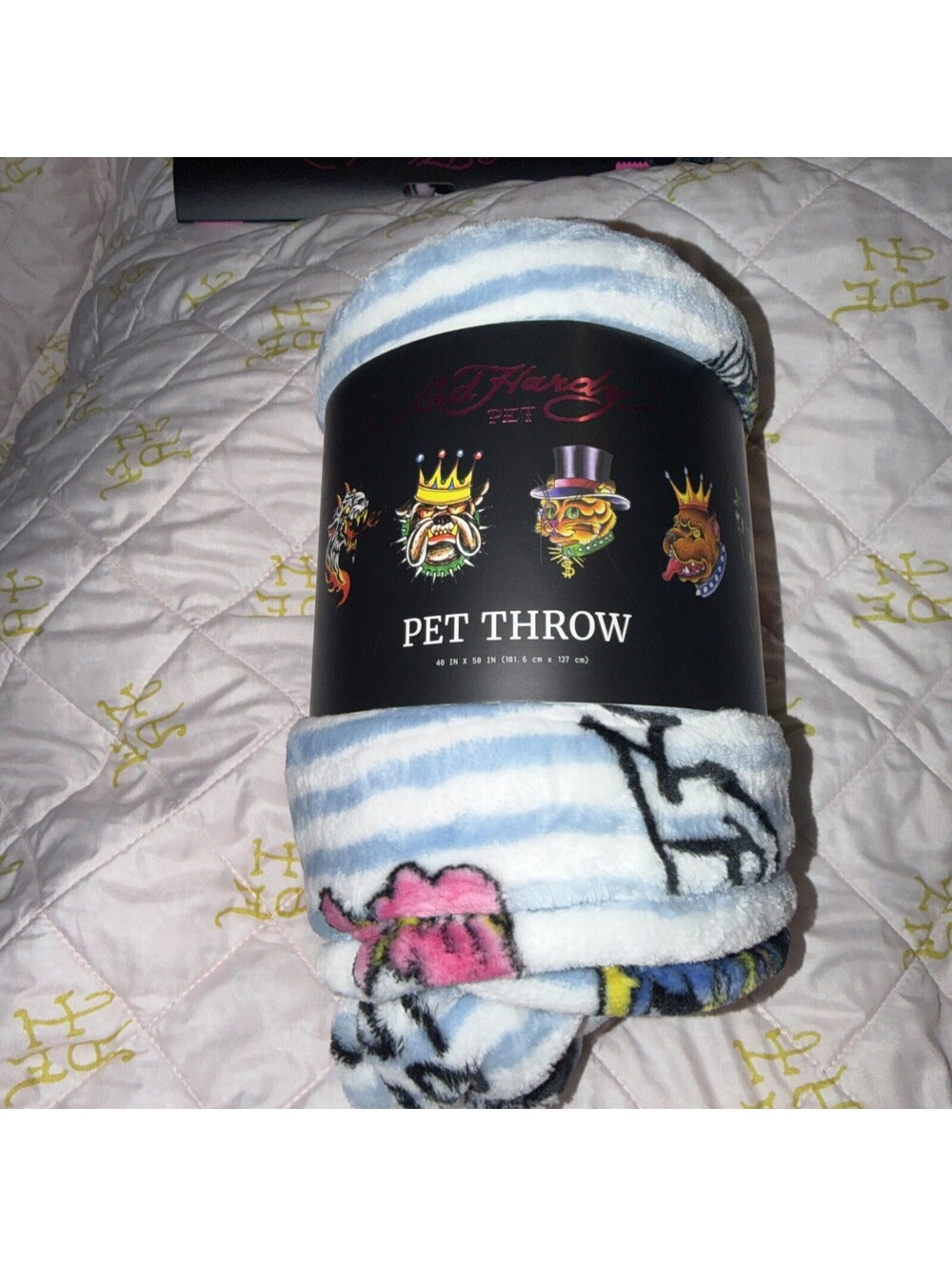 Ed Hardy Pet Throw 40”x 50” Foo Dog Flowers Japanese Fans Multicolor NWT